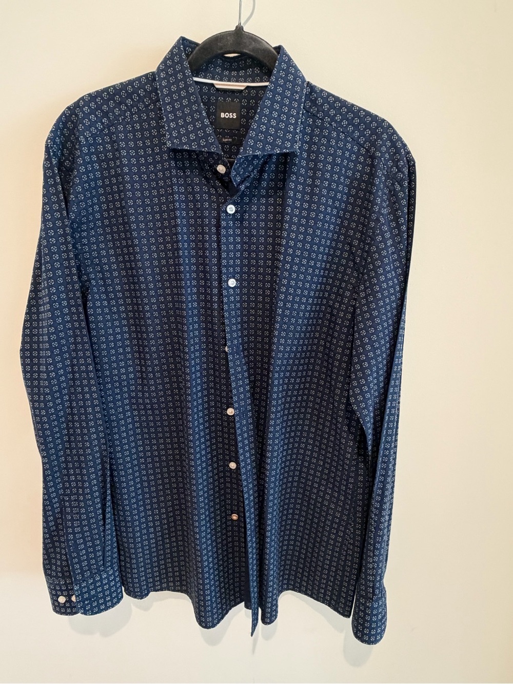 BOSS Men's Navy Blue Geometric Button-Down Shirt